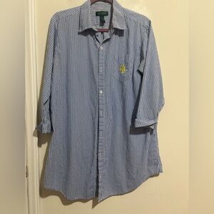 Lauren Ralph Lauren Blue and White Striped Button-Down Shirt 100% Cotten